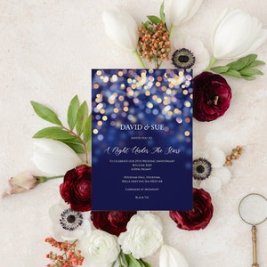 Anniversary Invitation Editable Template - Gold and Navy Blue bokeh