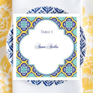 Bewerkbare Spaanse tegels plaatskaarten en tafelnummers - Instant Download gastenkaarten met mediterraan thema
