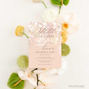 Surprise Birthday Party Invitation Template - Rose Gold and Blush Bokeh Editable Invite