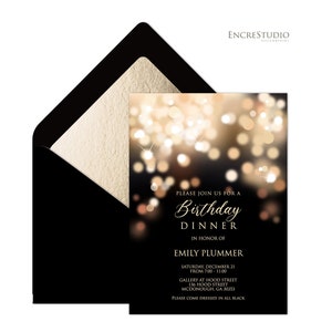 Adult Birthday Invitation Editable Template - Gold and Black Bokeh Dinner Invitation