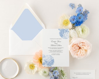 Printed Blue Hydrangea Wedding Invitation Suite - Botanical Floral Wedding Invitation Set