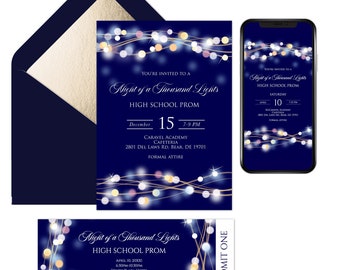 Editable Prom Invitation and Ticket, A Night Under the Stars School Dance Invitation, Gold and Blue Fairy Lights Digital Invite