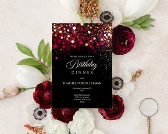 Adult Birthday Invitation Editable Template - Gold, Red and Black Shimmering Sparkles Dinner Invitation