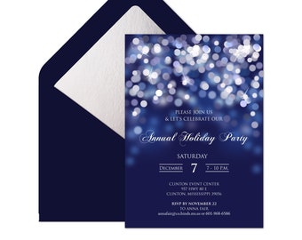 Editable Annual Company Party Invitation, Christmas Party Invitation Template, Blue and Silver Starry Night Invitation