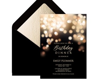 Adult Birthday Invitation Editable Template - Gold and Black Bokeh Dinner Invitation