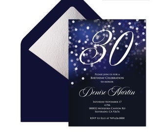 Editable Birthday Invitation - Night Sky, Under the Stars Birthday Invitation, Navy Blue and Silver Starry Sky Invitation