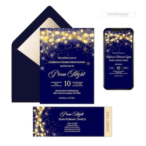 Prom Night Einladung und Ticket Editierbare Vorlagen, Under the Stars School Dance Einladung, Gold Fairy Lights Digital Invite
