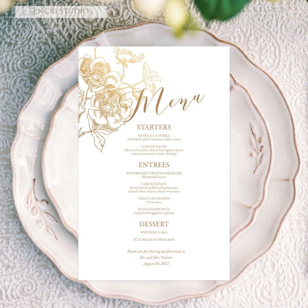 Editable Menu Template - Gold Rose Botanical Wedding Menu