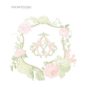 May include: A floral crest design featuring pink roses, green hydrangeas, and a central monogram. The design is framed by a light green border and includes the text "ENCRESTUDIO DESIGN&PRINT" at the top.