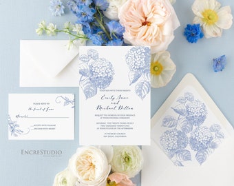 Hydrangea Wedding Invitation Editable Template, Botanical Floral Wedding Invitation Set