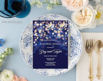 Navy & Gold Rehearsal Dinner Invitation - Under the Stars Wedding Template (Editable)