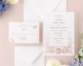 Rose Gold Wedding Invitation Template - Editable Floral Wedding Invitation Set, Botanical Wedding Invitations