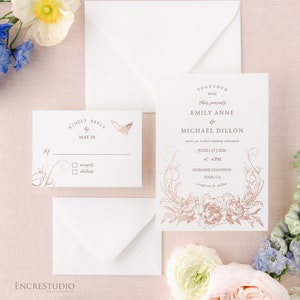 Rose Gold Wedding Invitation Template - Editable Floral Wedding Invitation Set, Botanical Wedding Invitations