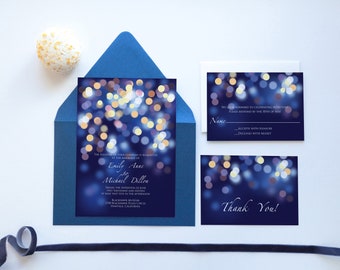 Editable Wedding Invitation, Rsvp, Menu, Seating Chart and Table Numbers Templates - Under the Stars, Navy and Gold Bokeh Invitation