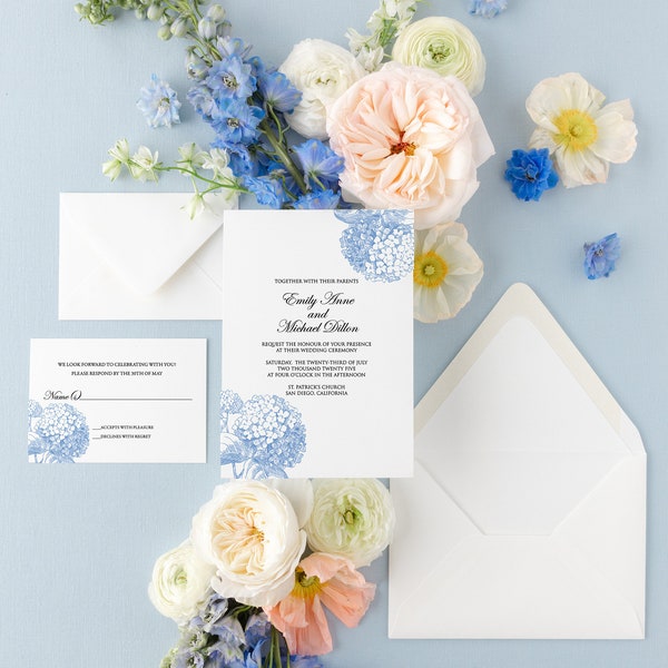 Printable Botanical Wedding Invitation Set - Blue hydrangea wedding invitation, rsvp, thank you card editable templates