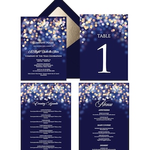 Vorlagen für Firmenweihnachtsfeiern: Einladung, Menü und Programm mit gold-blauem Bokeh-Effekt (Digitaler Download)