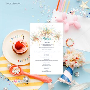 Birthday Dinner Menu Template - Digital Editable Menu with Fireworks