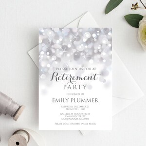 Editable Retirement Party Invitation Template - Silver bokeh invitation