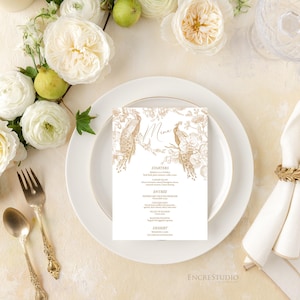 Menus modifiables et modèles de marque-places - Menu de mariage paons et orchidées dorés