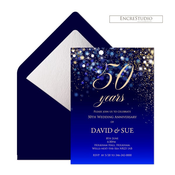 Wedding Anniversary Invitation Editable Template - 50  Years Gold and Navy Blue Shimmering Stars