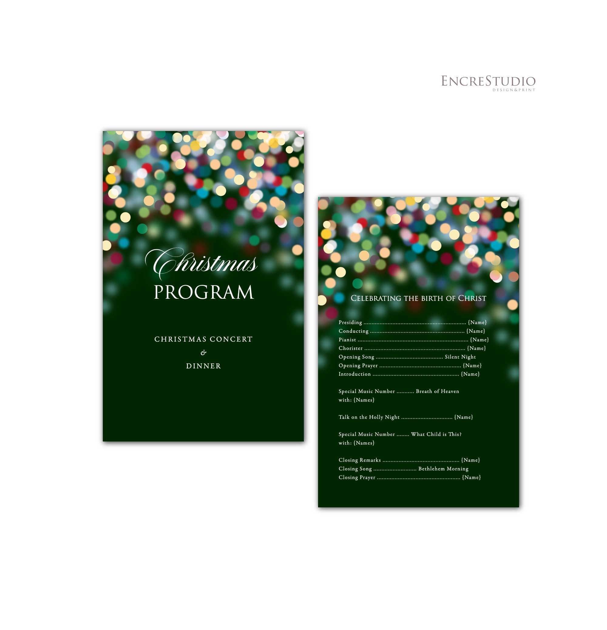 Editable Concert and Dinner Program Template - Christmas Lights Bokeh ...