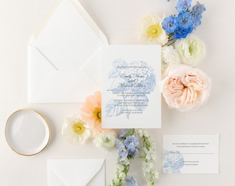 Editable Botanical Wedding Invitation Template - Blue Hydrangea Wedding Set