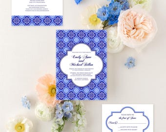 Royal Blue Mediterranean Wedding Invitation Suite: RSVP, Details, Thank You Cards (Digital Template)