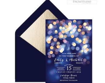 Editable Wedding Invitation, Rsvp, Thank You Card Templates - Edit online -  Under the Stars, Navy and Gold Bokeh Invitation