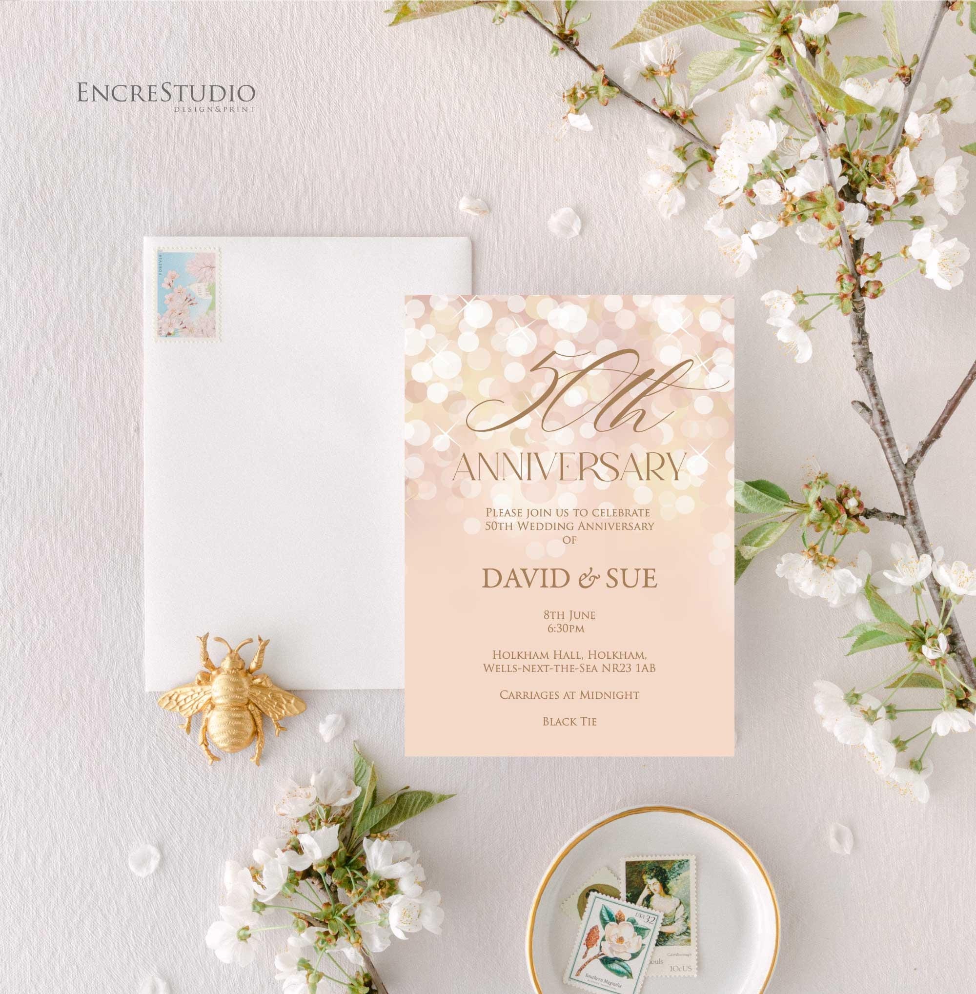 50th Wedding Anniversary Invitation: Gold Bokeh (editable Template