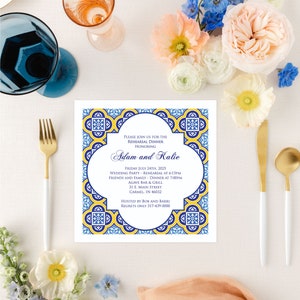 Editable Spanish Tiles Rehearsal Dinner Invitation, Mexican Fiesta Menu Template