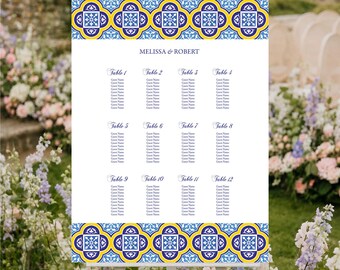 May include: A white wedding seating chart on a white easel featuring blue and yellow tile-inspired patterns at the top and bottom. The text reads Melissa & Robert, followed by twelve tables with placeholders for guest names in a grid layout.