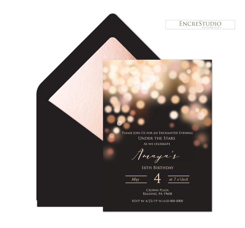 Instant Download Editable Quinceanera InvitationTemplate Rose Gold and Black Bokeh Sweet Sixteen Invitation