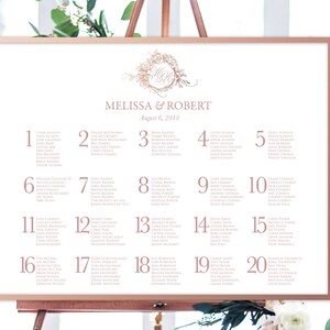 May include: A wedding seating chart with a rose gold frame and a floral design. The chart lists guest names by table number, with the names "Melissa & Robert" and the date "August 6, 2018" at the top.