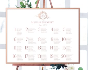 Druckbarer Sitzplan mit Rose Gold Monogramm - Gästebestuhlungsplan, Hochzeitstischplan