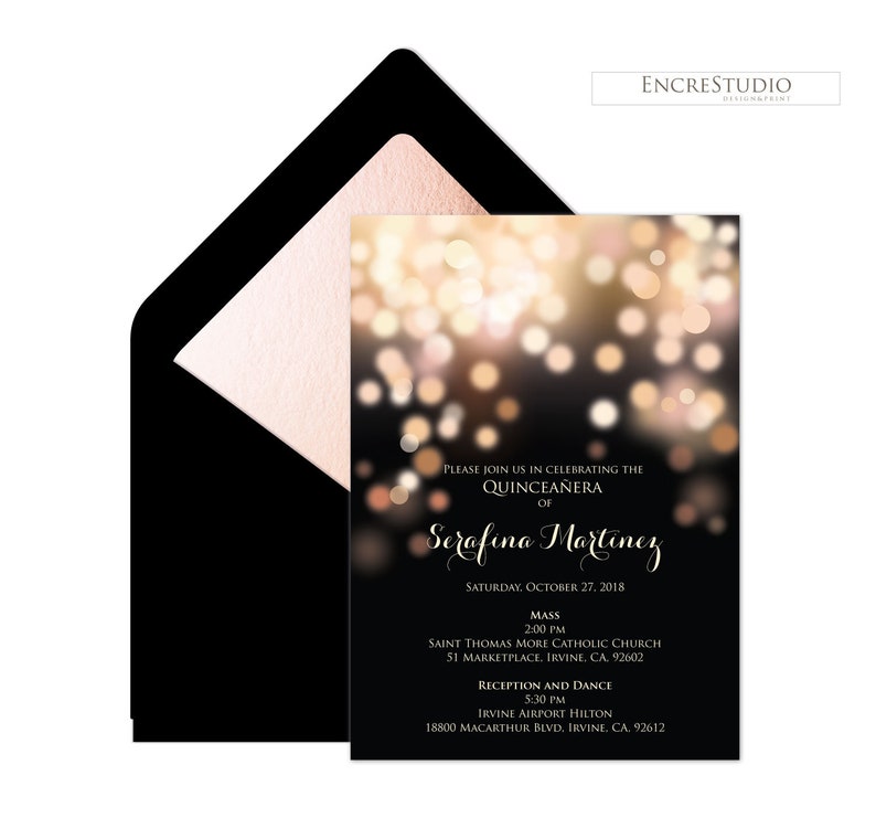Instant Download Editable Quinceanera InvitationTemplate Rose Gold and Black Bokeh Sweet Sixteen Invitation