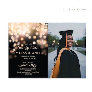 Graduation Invitation Editable Template, Rose Gold and Black Bokeh Graduation Photo Invitation, Senior Graduation Announcement