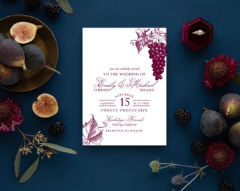 Vineyard Grapes Wedding Invitation - Printed Botanical Wedding Invitation Set