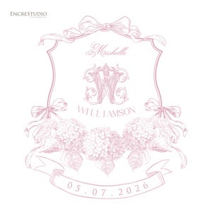 Puede incluir: Una ilustración gráfica de color rosa claro con un marco en forma de escudo adornado con cintas y flores de hortensia. El diseño incluye el texto EncreStudio, el nombre Michelle, el apellido Williamson, un monograma central y la fecha 05.07.2026.