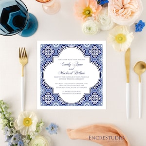 Royal Blue Spanish Tiles Wedding Invitation Suite Editable Template - Navy Mexican tiles, Destination Wedding Invitation