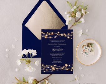 Editable Quinceañera and Sweet Sixteen Invitation, Welcome Sign with Gold Stars on Blue