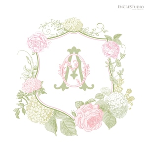 Escudo de boda con rosas e hortensias / Monograma floral en rosa palo y verde