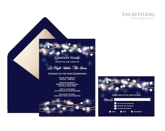 May include: A dark blue invitation set featuring a string light design with glowing white, yellow, and pink bokeh orbs. The invitation includes text for a company event, a matching RSVP card with meal options, and a dark blue envelope with a gold liner.