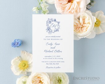 Wedding Invitation Set - Editable Template, Vintage Floral Crest Invitation in French Blue