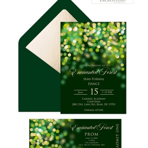 Bearbeitbare Zauberwald-Abschlussball-Einladung, Ticket- und Poster-Vorlagen, Fantasy-Waldschultanz-Einladung