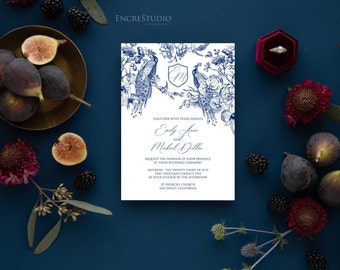 Peacock Wedding Invitation Suite Editable Templates in Navy Blue, Destination Wedding Invitation with Monogram, Peacock, Roses and Orchids