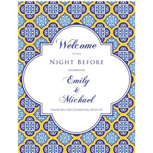 Cartel de bienvenida de Night Before - Cartel de bienvenida de Spanish Tiles Enhearsal en azul real y amarillo