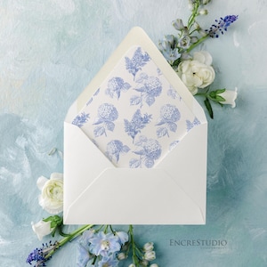 May include: A white envelope with a blue floral pattern on the inside flap. The pattern features blue hydrangeas and leaves on a white background.