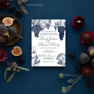 Vineyard Winery Wedding Invitation Set Editable Templates - Grapes Wedding Invitation Suite in navy blue