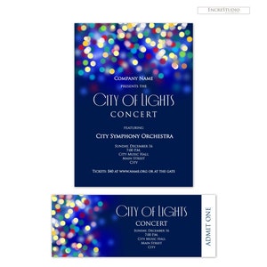 Può includere: Un biglietto da concerto blu e bianco con un'immagine sfocata di luci colorate. Il biglietto è per il concerto City of Lights con l'Orchestra Sinfonica della Città di domenica 16 dicembre alle 19:00 presso la City Music Hall. I biglietti costano $ 40 su www.name.org o alla biglietteria.