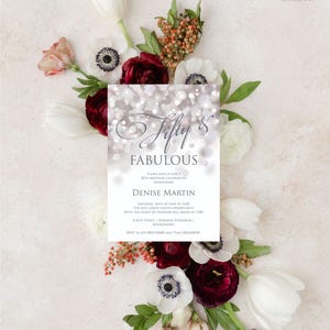 Fifty & Fabulous Birthday Invitation Editable Template - Silver and White Bokeh Adult Birthday Invitation
